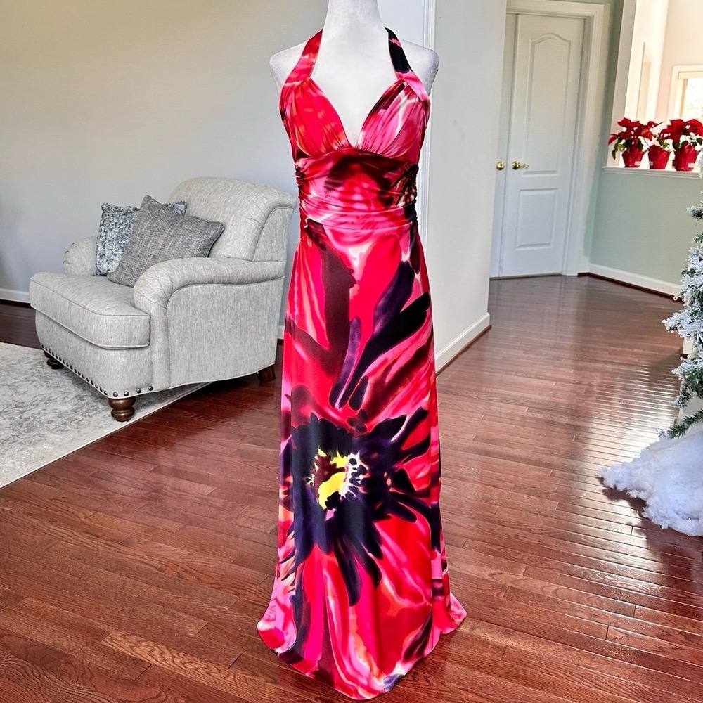 Vintage Morgan & Co Red Black Floral Push Up Simple Gown Dress Size Small